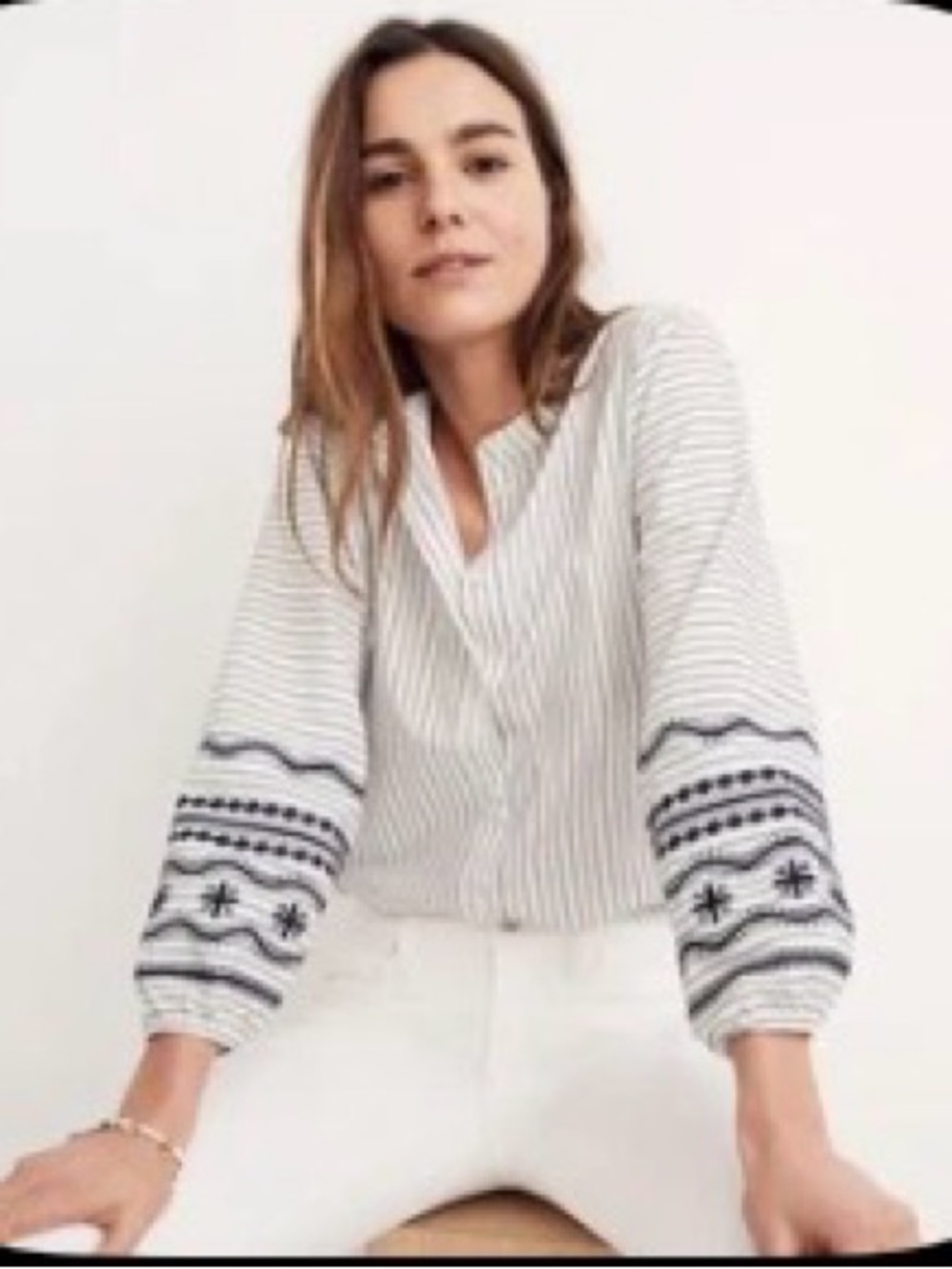 Madewell women’s White & Blue Cotton Striped W/ Embroidered Sleeve Tunic sz L